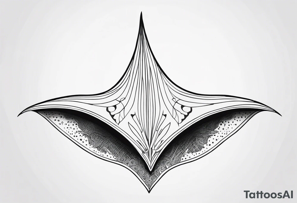 Tattoo sketch of manta ray in contour, without shadows and background, made of sacred ornament, minimalistic design, without thick lines and dark spots, while maintaining the shape of Manta Ray tattoo idea