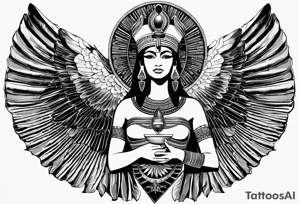 black and white Egyptian goddess Isis, who is often depicted as a woman with outstretched wings, holding an ankh (a symbol of life) in one hand and a lotus flower in the other. Her headdress often includes a throne or a solar disk. The tattoo design can vary in style and size, but it typically aims to capture the essence of this revered Egyptian deity, emphasizing her beauty, power, and maternal qualities. The choice of colors and additional elements can also be customized to create a unique and visually striking representation of the goddess Isis tattoo idea