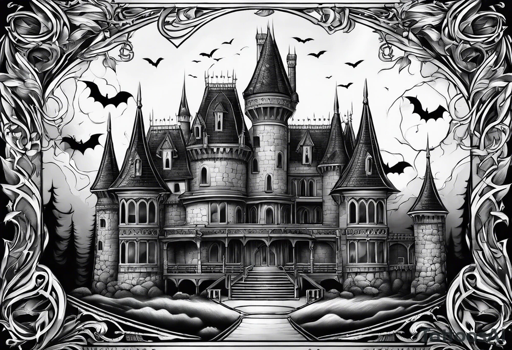 Vampire castle with bats tattoo idea