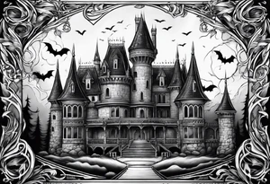Vampire castle with bats tattoo idea