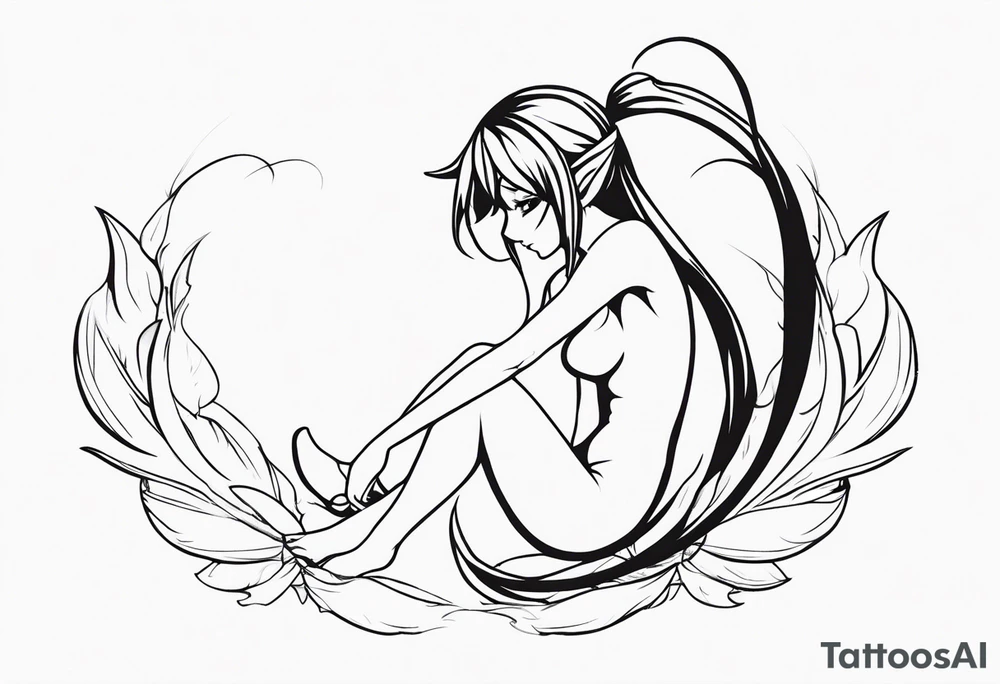No color sketch of a fairy with a tail inspired by the guild symbol in the anime show called Fairy Tail in a fetal position leaning in and forward while crawled in hugging herself tattoo idea