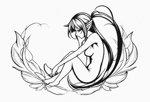 No color sketch of a fairy with a tail inspired by the guild symbol in the anime show called Fairy Tail in a fetal position leaning in and forward while crawled in hugging herself tattoo idea