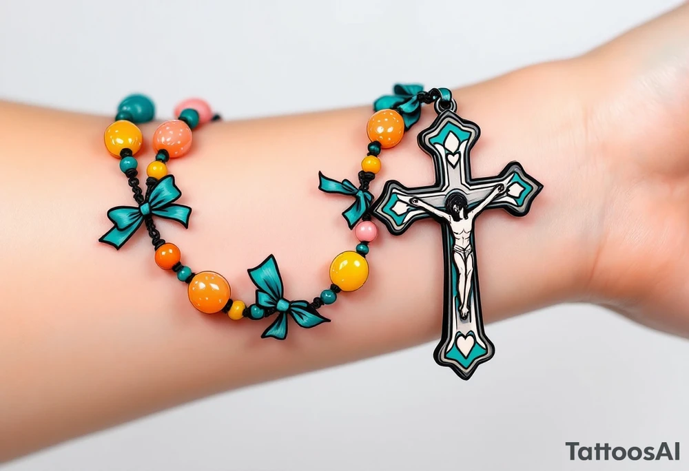 Whimsical comic‑book rosary draped in a gentle spiral around the forearm: oversized beads shaped like shiny gumdrops in sunset orange, lemon yellow, and cotton‑candy pink, connected by a chunky teal ribbon that forms playful bows between each decade; the dangling crucifix is a stylized teal‑and‑white cloud with little wings and a tiny heart at its center. Bold ink outlines and soft gradient shading give the piece a fun Saturday‑morning‑cartoon feel. tattoo idea