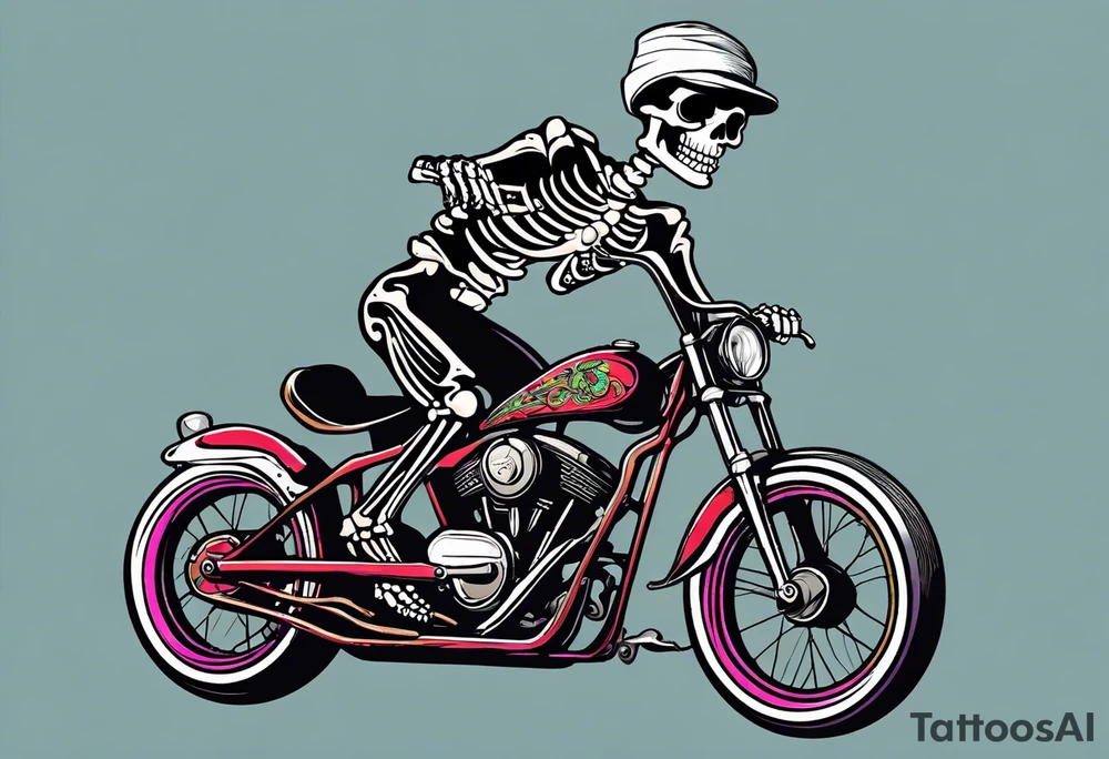 skeleton wearing 80s style licra and cap rides a road racing bicycle. The skeleton is grinning at the viewer. There is no background image tattoo idea