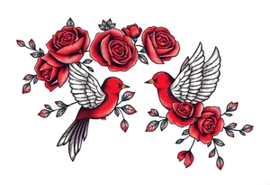 Vintage lace, red roses, red birds, vintage, wrap around, tighter together, no space open tattoo idea