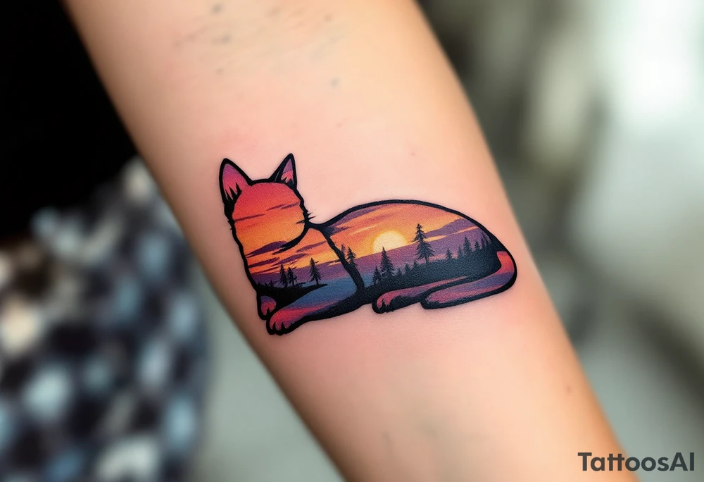 Sunset Cat Silhouette – A lounging cat shape filled with a smooth gradient of orange, coral, and dusky pink like a sunset sky. tattoo idea