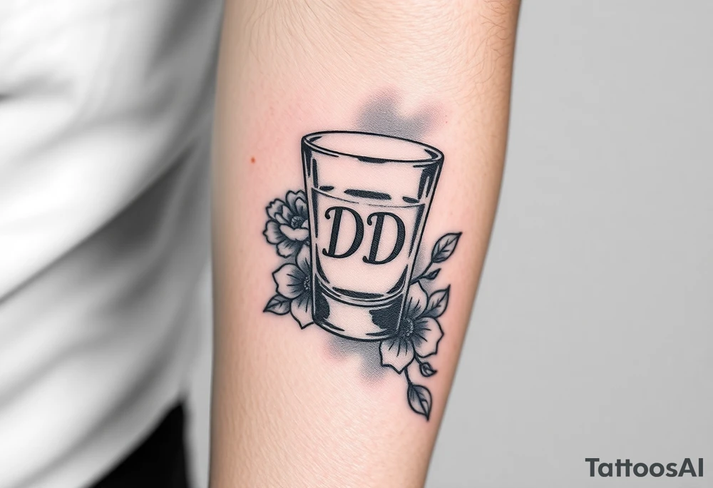 A tequila shot glass with DD Ingrave on it surround by flowers tattoo idea