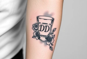 A tequila shot glass with DD Ingrave on it surround by flowers tattoo idea