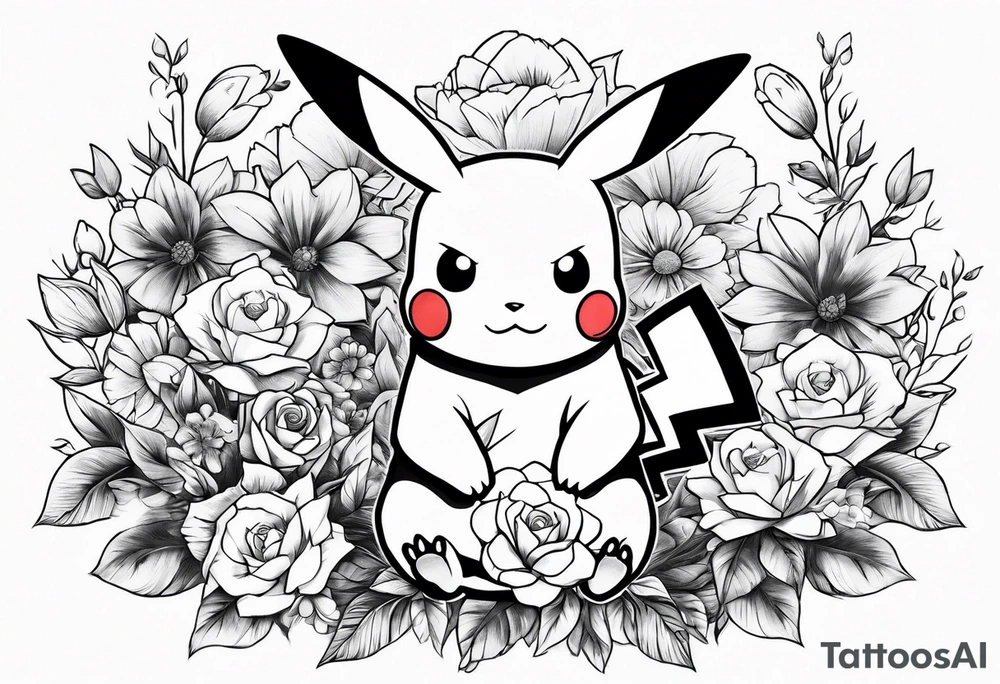 Pikachu Holding bouquet of flowers in front of him tattoo idea