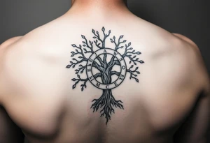 yggadrisl tree of life with circle of runes names Jai, Phoebe, Imogen, Matilda on four branches tattoo idea