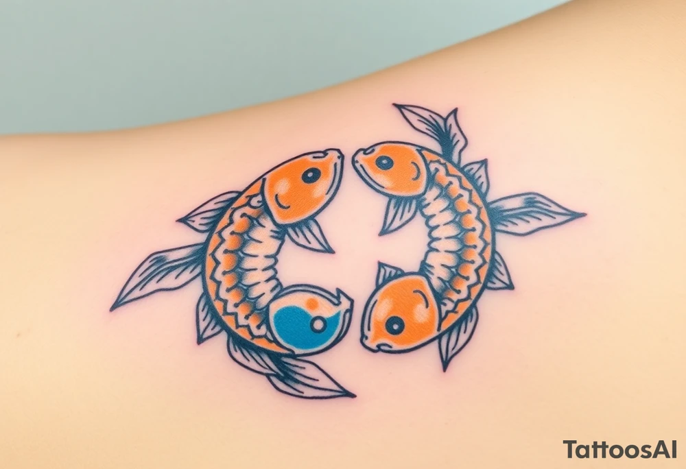 A pair of intertwined carp with flowing fins, resembling the yin-yang symbol, in soft gold and blue hues tattoo idea