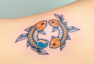 A pair of intertwined carp with flowing fins, resembling the yin-yang symbol, in soft gold and blue hues tattoo idea