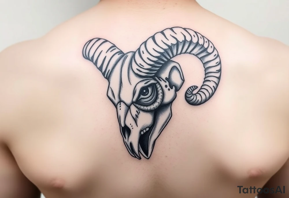 Ram skull with snake coming through eye tattoo idea
