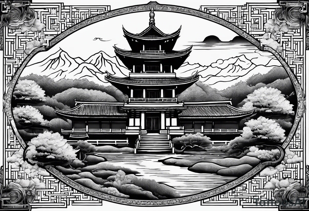 a old world map as the background with a small Buddhist temple at the bottom for the back of a forearm tattoo idea