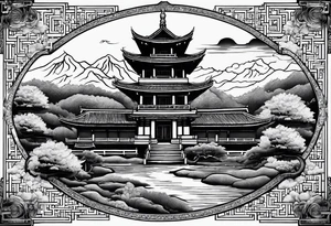 a old world map as the background with a small Buddhist temple at the bottom for the back of a forearm tattoo idea
