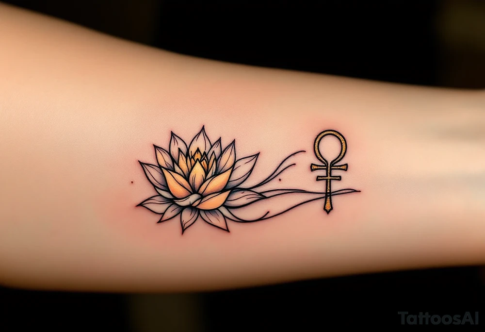 A sun-kissed Ankh held in the hands of an Egyptian goddess, surrounded by delicate lotus petals and radiant golden light. tattoo idea