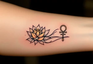 A sun-kissed Ankh held in the hands of an Egyptian goddess, surrounded by delicate lotus petals and radiant golden light. tattoo idea