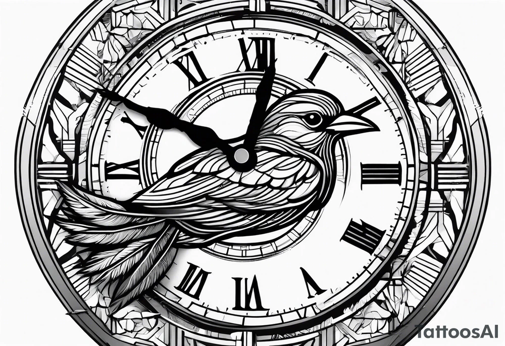 a bird clock but the bird's feathers are falling wich represents the fugacity of time tattoo idea