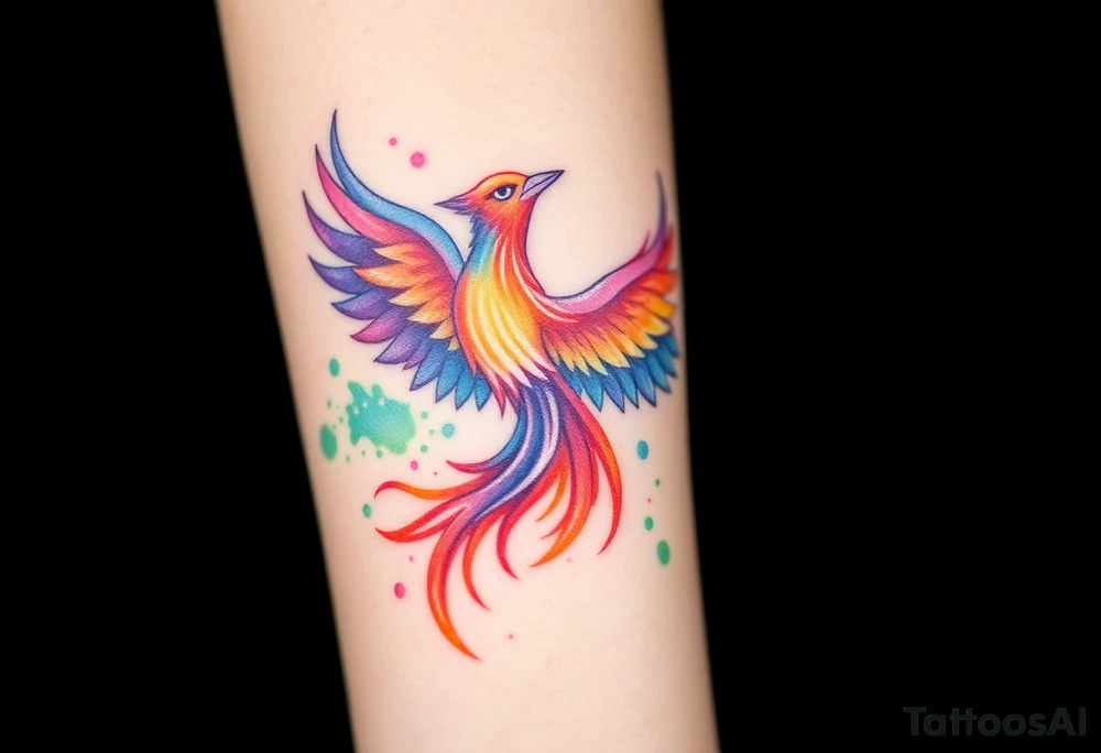 Phoenix in a fire with purple, blue, orange, teal and green splashes, looking upwards with a fierce eye. No black outline. tattoo idea