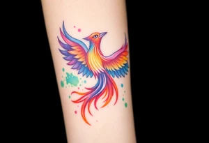 Phoenix in a fire with purple, blue, orange, teal and green splashes, looking upwards with a fierce eye. No black outline. tattoo idea