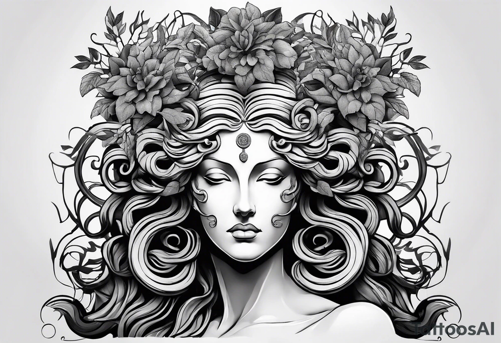 medusa sculpture bust with plants and cracks in sculpture. minimal artistic edgy tattoo idea