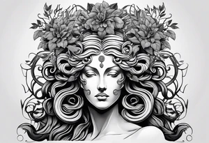 medusa sculpture bust with plants and cracks in sculpture. minimal artistic edgy tattoo idea