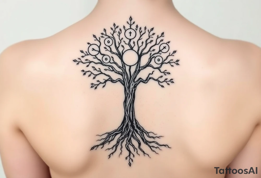 Tree, roots, branches - a lively organic style, combined with the official scheme of sephirot Classic scheme of Sephiroth, symmetry, circles, clean lines, ancient aesthetics. tattoo idea