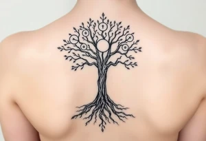 Tree, roots, branches - a lively organic style, combined with the official scheme of sephirot Classic scheme of Sephiroth, symmetry, circles, clean lines, ancient aesthetics. tattoo idea
