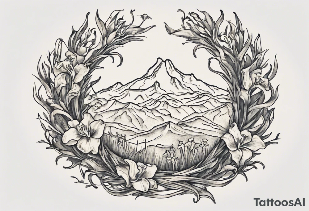 Create a small Vincent van Gogh Irises tattoo in the form of a crescent, with vines gracefully intertwining at a central point in the middle of the wreath.  In the middle of the wreath are mountains and other items found in New Mexico. Ensure that the design avoids the appearance of a bush and maintains a more structured and deliberate arrangement. The intended placement is on the upper chest. The overall design should be small in size while maintaining a delicate and artistic aesthetic. Pay attention to the graceful flow of the vines and the placement of the irises to achieve a refined and elegant look. tattoo idea