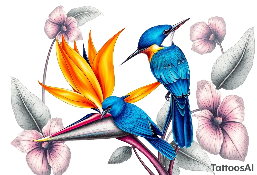 Bird of paradise flower with blue bird tattoo idea