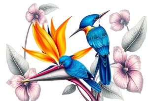Bird of paradise flower with blue bird tattoo idea