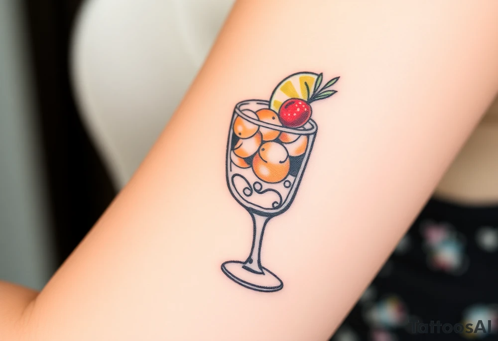 Fun cocktail that you would get on a Caribbean cruise in a short square glass with lots of garnishes tattoo idea