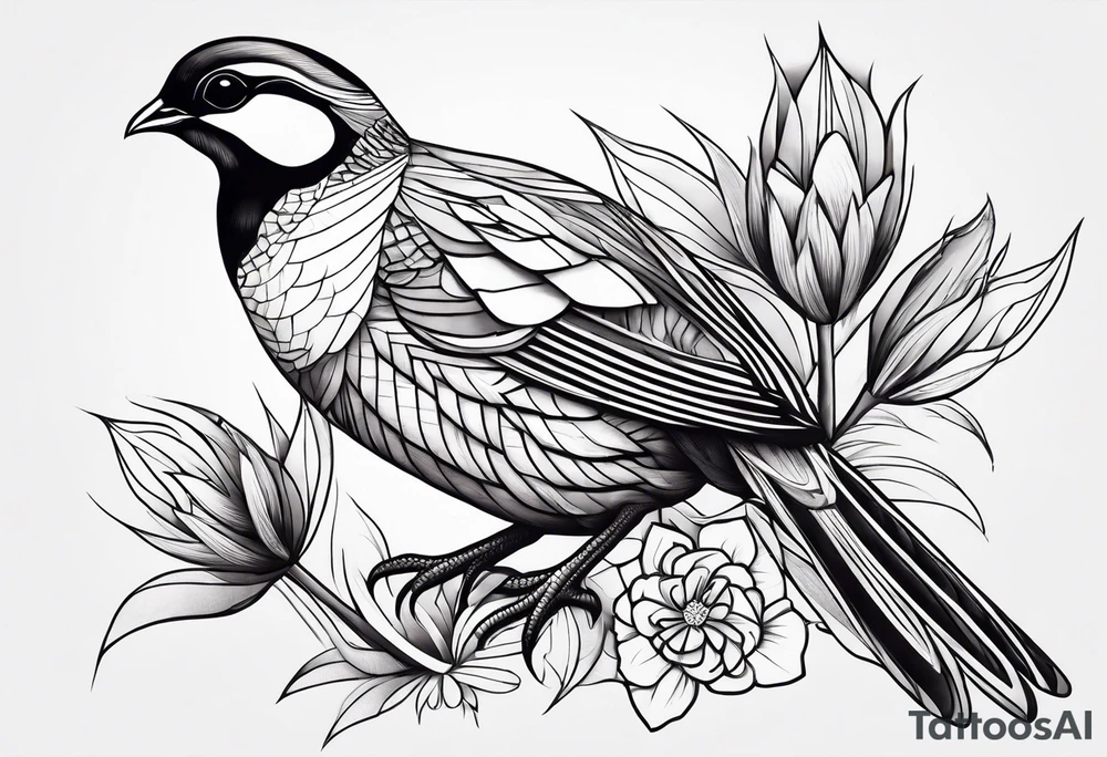 Quails, desert flowers tattoo idea