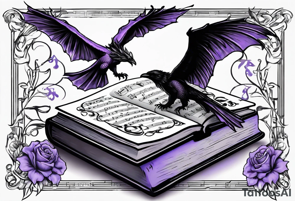 an open book with a small dragon flying over a perched raven, a pawn piece to the right, a single music note and a lavender flower under the book tattoo idea