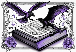 an open book with a small dragon flying over a perched raven, a pawn piece to the right, a single music note and a lavender flower under the book tattoo idea