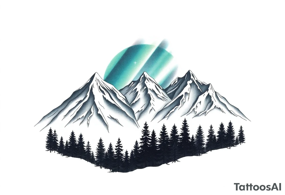 forest mountains under the northen lights tattoo idea