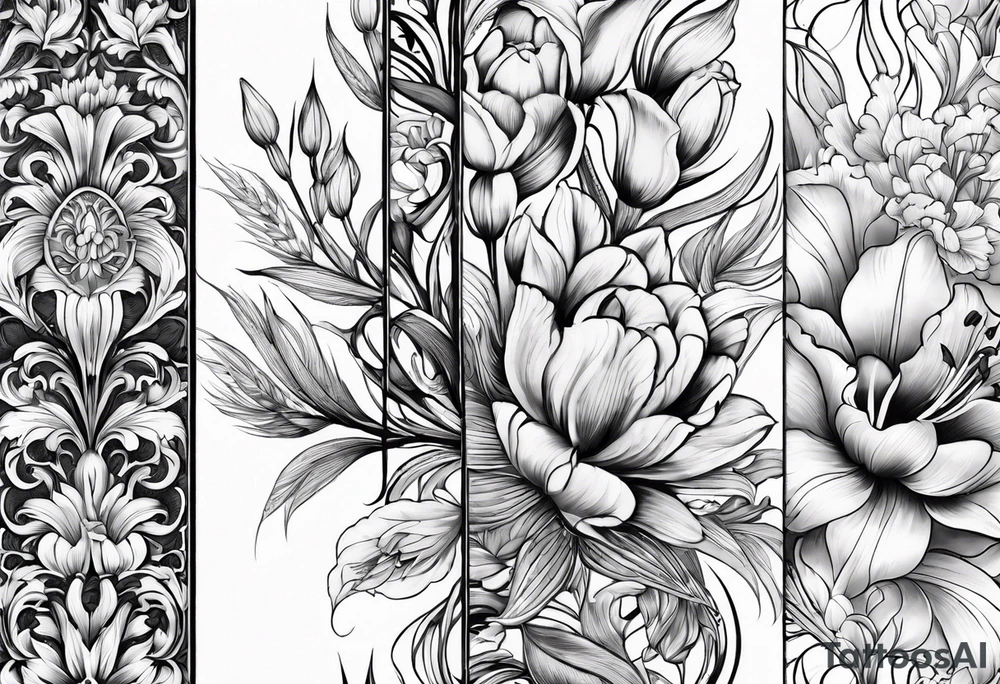 Vertical floral arm sleeve with wheat and dragonflower and florals and tulips lilly tattoo idea