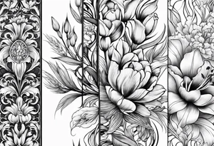 Vertical floral arm sleeve with wheat and dragonflower and florals and tulips lilly tattoo idea