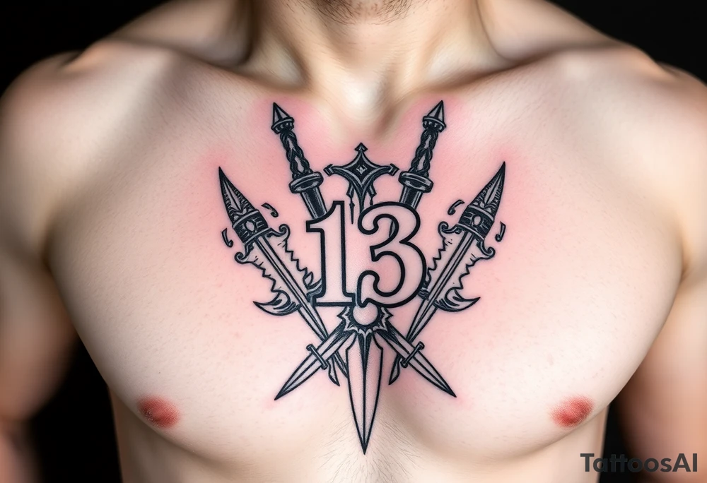 The Number 13, The Toledo Mudhens Baseball Team, And Demonic And Midevel dagger Featurs Made Into A Big Family Crest Tattoo On A Masculine guy that looks bad ass and unique. tattoo idea