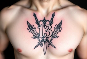 The Number 13, The Toledo Mudhens Baseball Team, And Demonic And Midevel dagger Featurs Made Into A Big Family Crest Tattoo On A Masculine guy that looks bad ass and unique. tattoo idea