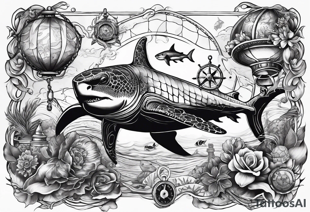 Nautical theme leg tattoo with shark, turtle, treasure map, compass, octopus, bell diver tattoo idea