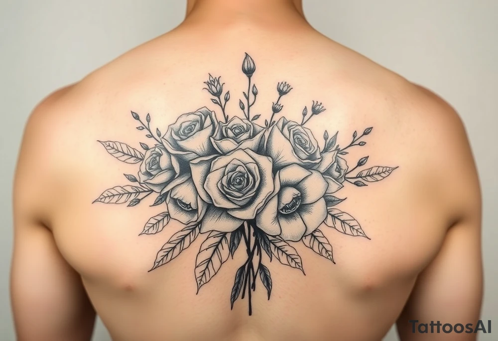 vintage bouquet of wild roses and meadow flowers with morning dew tattoo idea