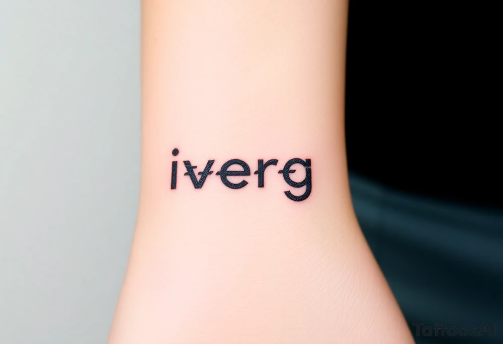 The word "Divergent" written in futuristic metallic font, with a glitch effect to symbolize breaking systems tattoo idea