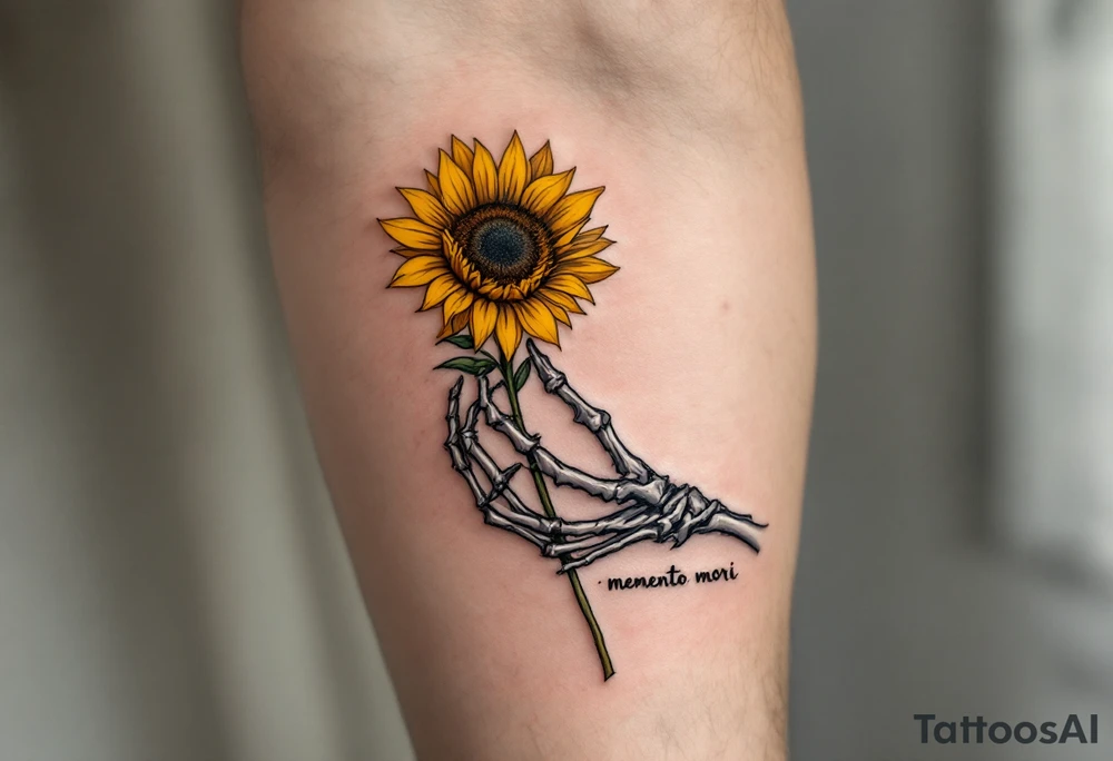 A skeleton hand holding a dying yellow sunflower, quote "memento mori" in thin, winding black cursive along the stem. tattoo idea