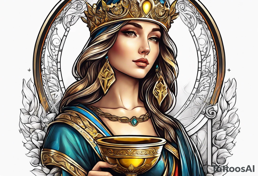 woman saint holding chalice surrounded by golden halo sideways tattoo idea