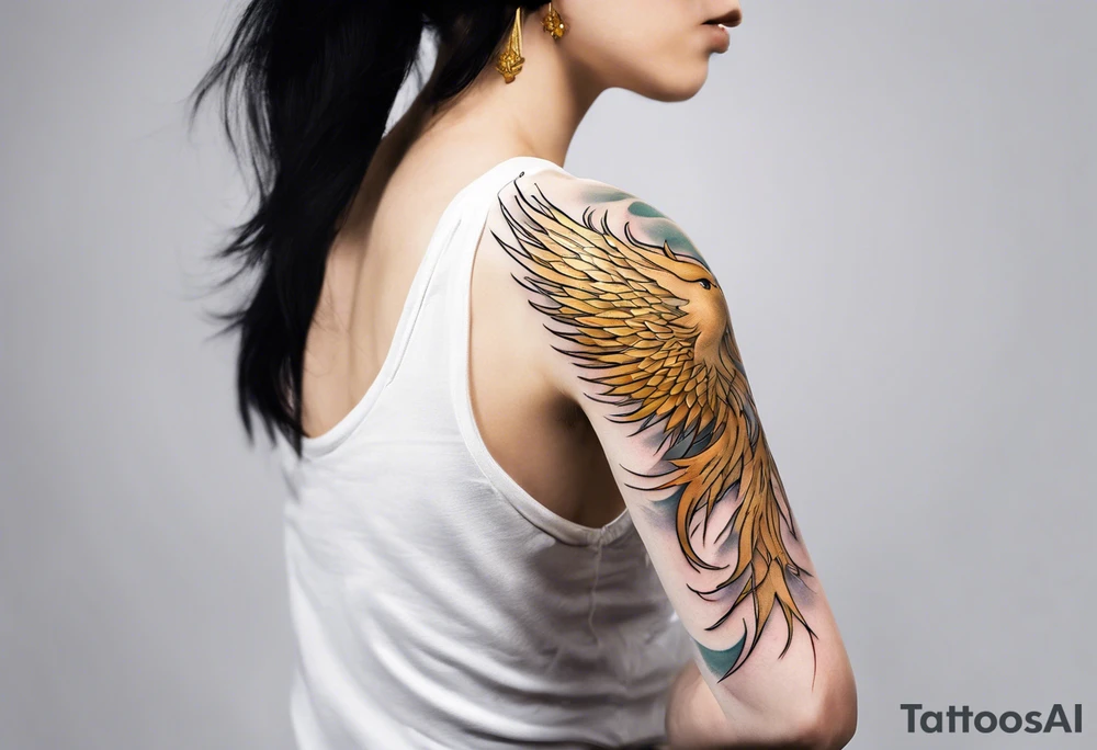 Sleeve tattoo on a woman's arm. Gold Phoenix tattoo idea