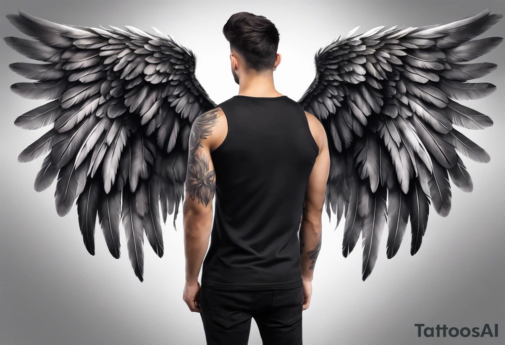 Realistic angel wings extending from the shoulders, covering the upper arms and upper back. The feathers are intricately detailed, with soft shading in black and gray to create depth and texture. The wings gently converge in the middle of the back, forming a harmonious and cohesive design. tattoo idea