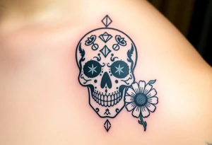 Masculine sugar skull with diamonds and daisy tattoo idea