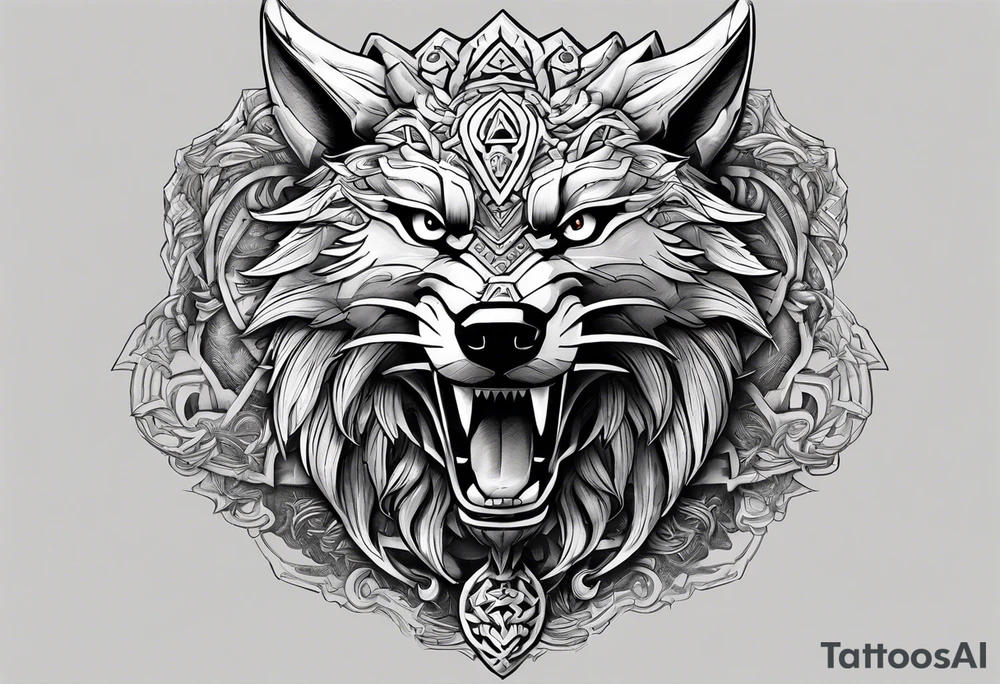 Legend of zelda link wolf head that is in profile with mouth open, this should be the bottom of the tatoo on a bicep , the top should transition in through his mane on top and it should be an ouroborus (dragon not snake) surrounding vegvisr tattoo idea