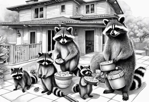 Raccoon Family in Front of her New villa with Pool.
The Husband hast Tools in His Hands.
The wife holds a cake.
The Childs plays with a ball tattoo idea